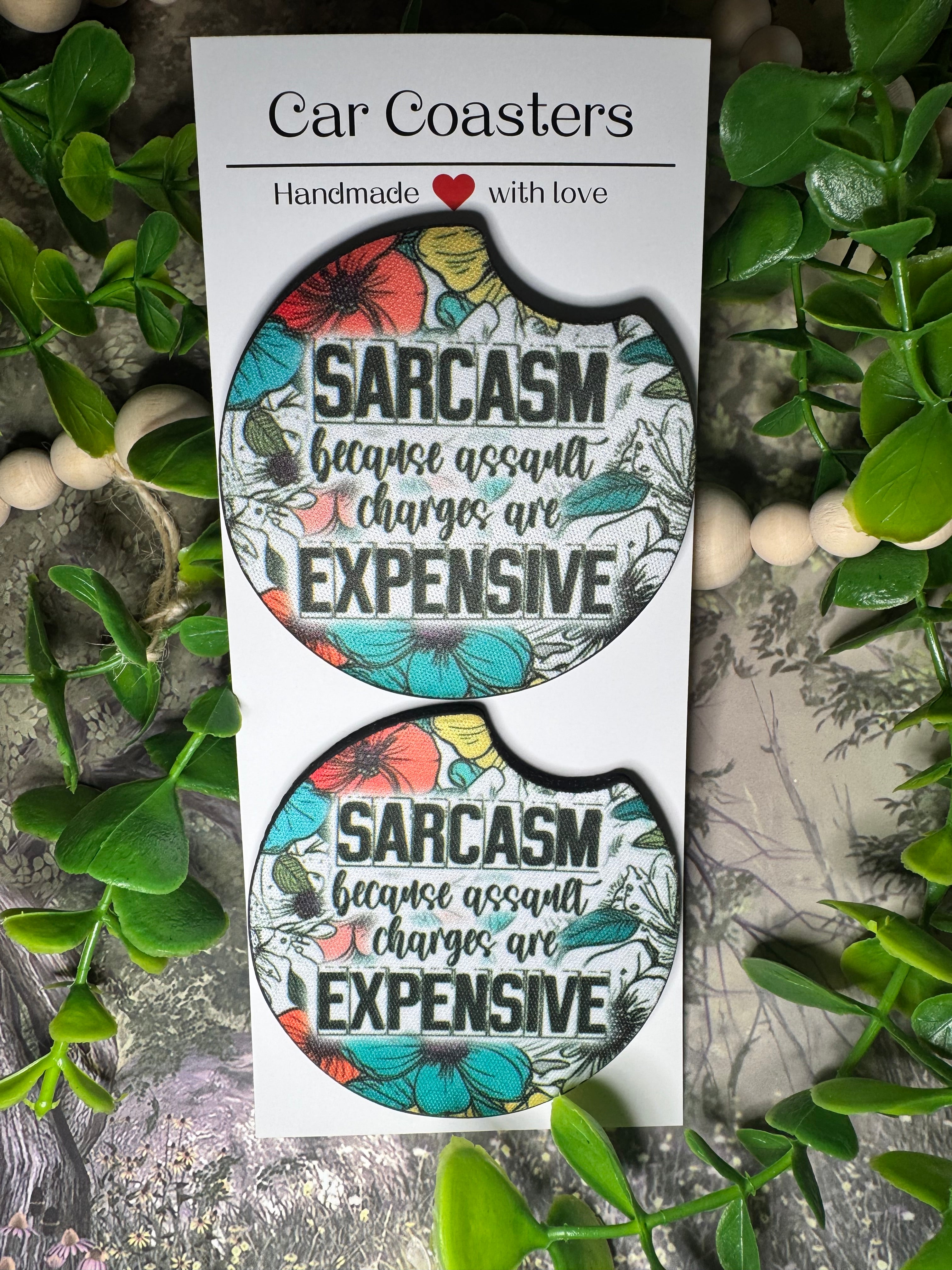 “Sarcasm” Funny Floral Car Coasters (Set of 2)