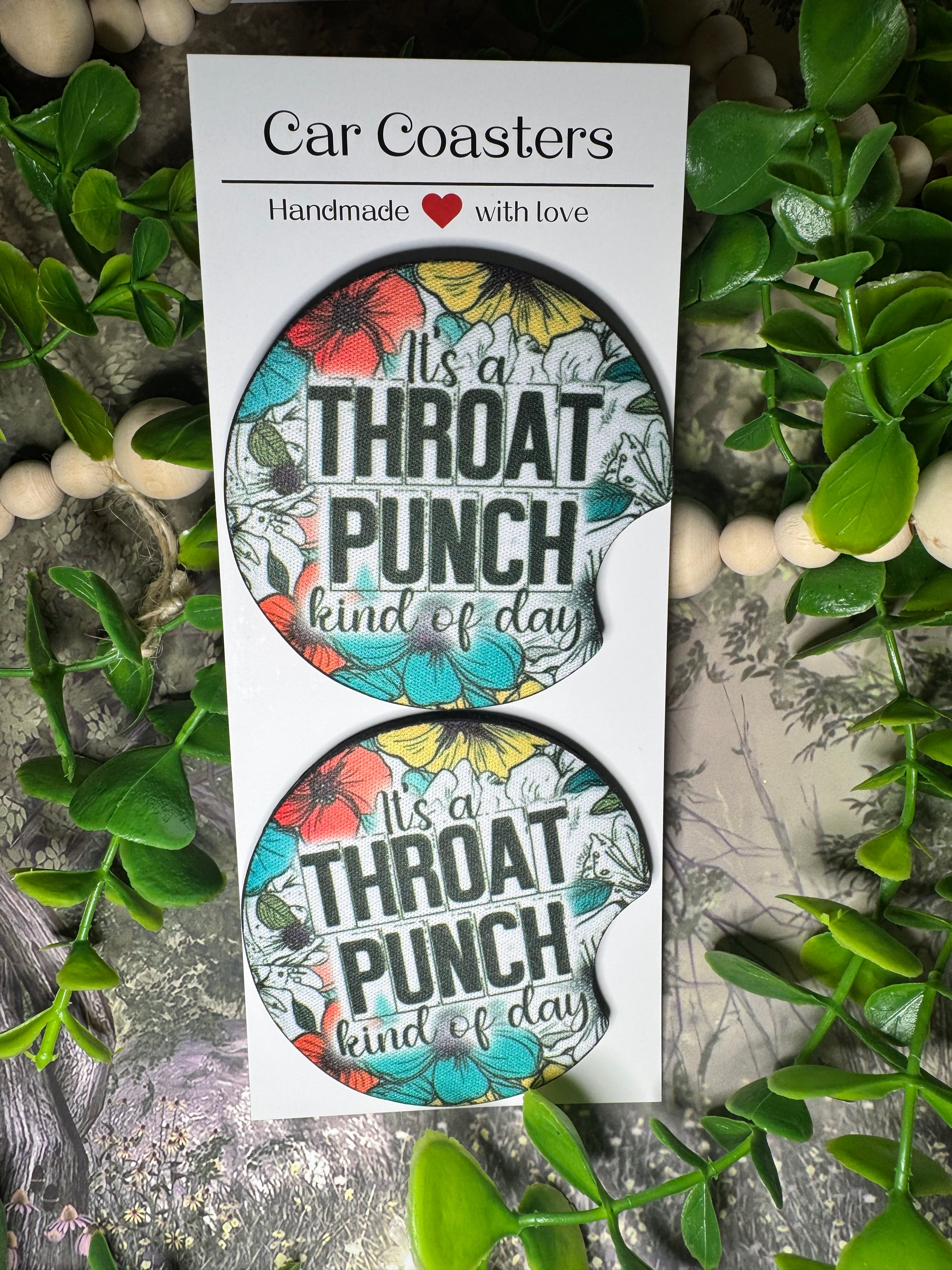 “It’s a Throat Punch Kind of Day” Funny Floral Car Coasters (Set of 2)
