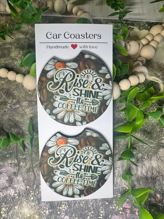 Rise & Shine It’s Coffee Time Car Coasters (Set of 2) ☀️☕