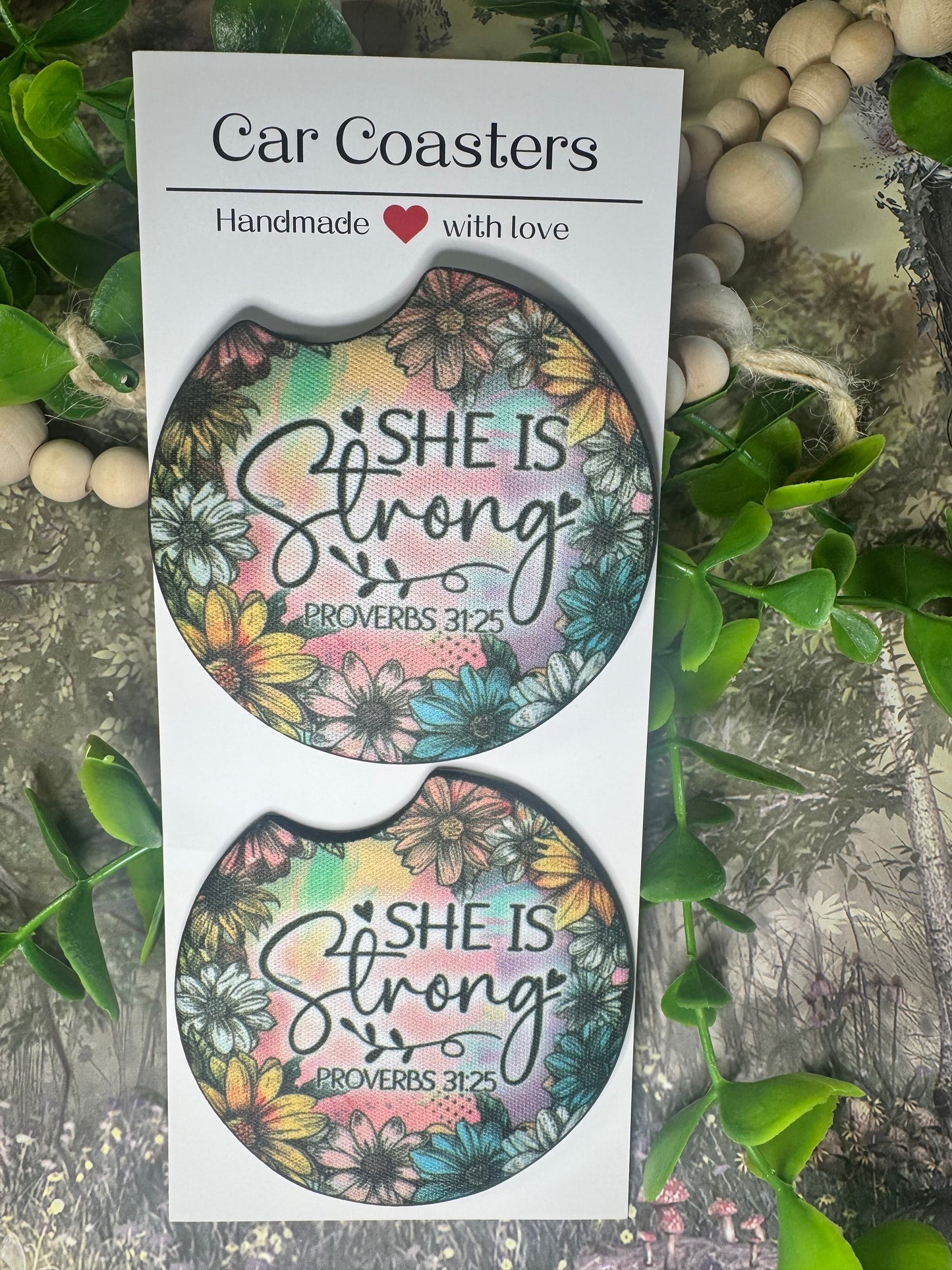 She Is Strong Proverbs 31:25 Car Coasters (Set of 2) 🌸💪
