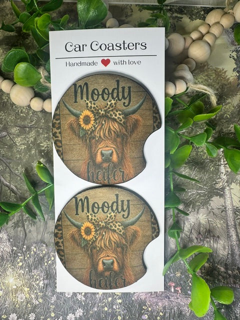 Moody Heifer Car Coasters (Set of 2) 🐮🌻