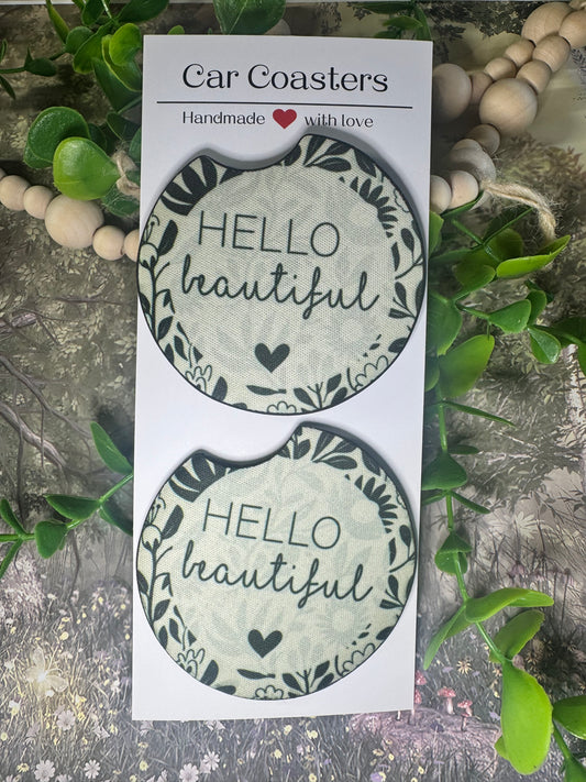 Hello Beautiful Car Coasters (Set of 2) 🤍🌿