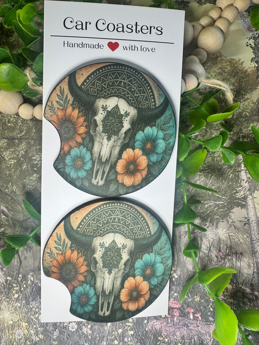 Western Boho Bull Skull Car Coasters (Set of 2) 🦬🌸