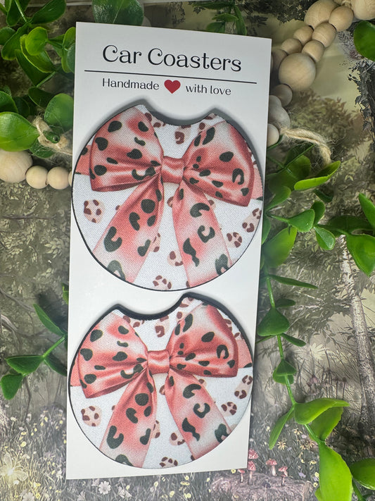 Pink Leopard Bow Car Coasters (Set of 2) 🐆🎀