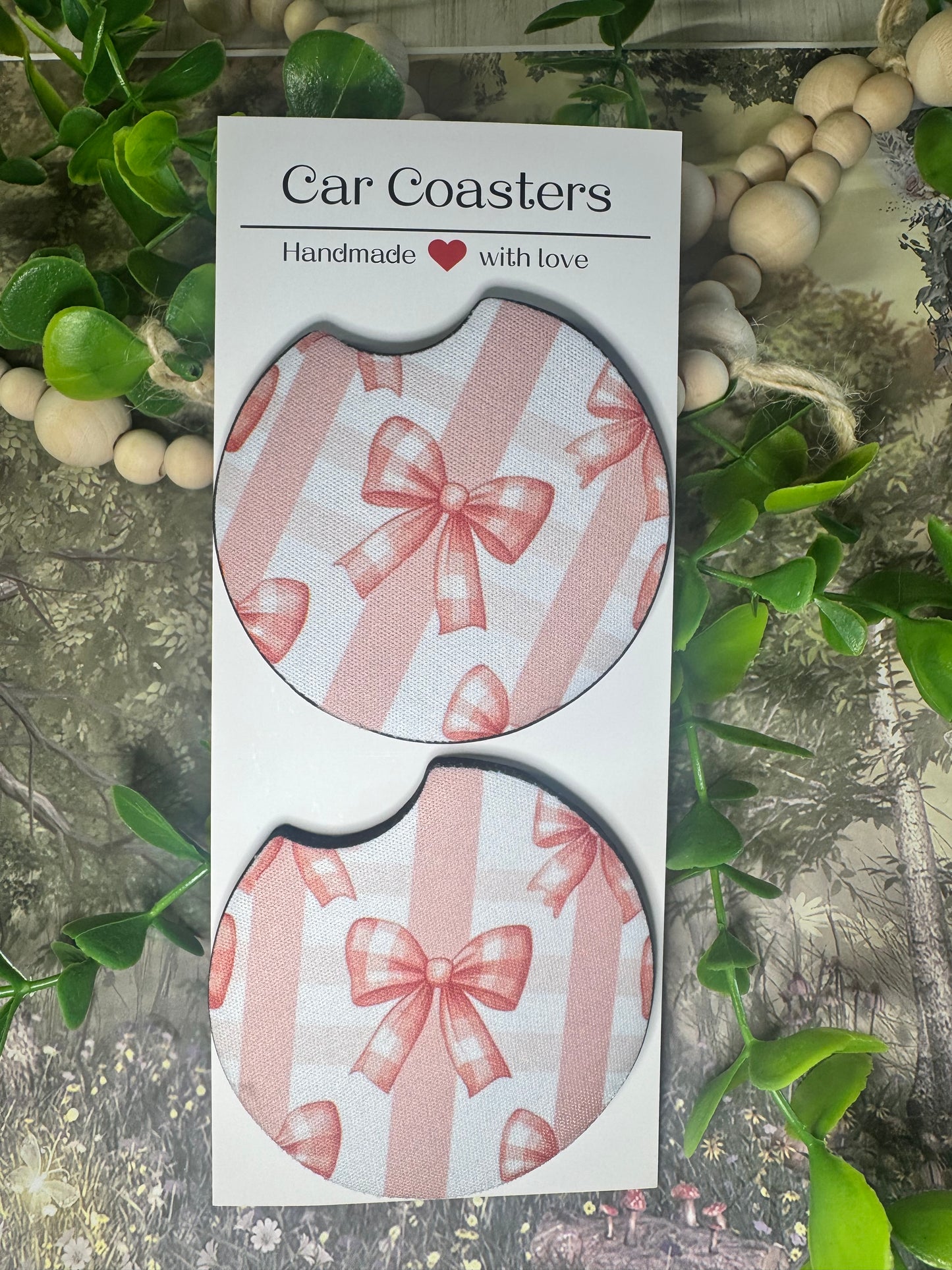 Pink Bow Striped Car Coasters (Set of 2) 🎀💗