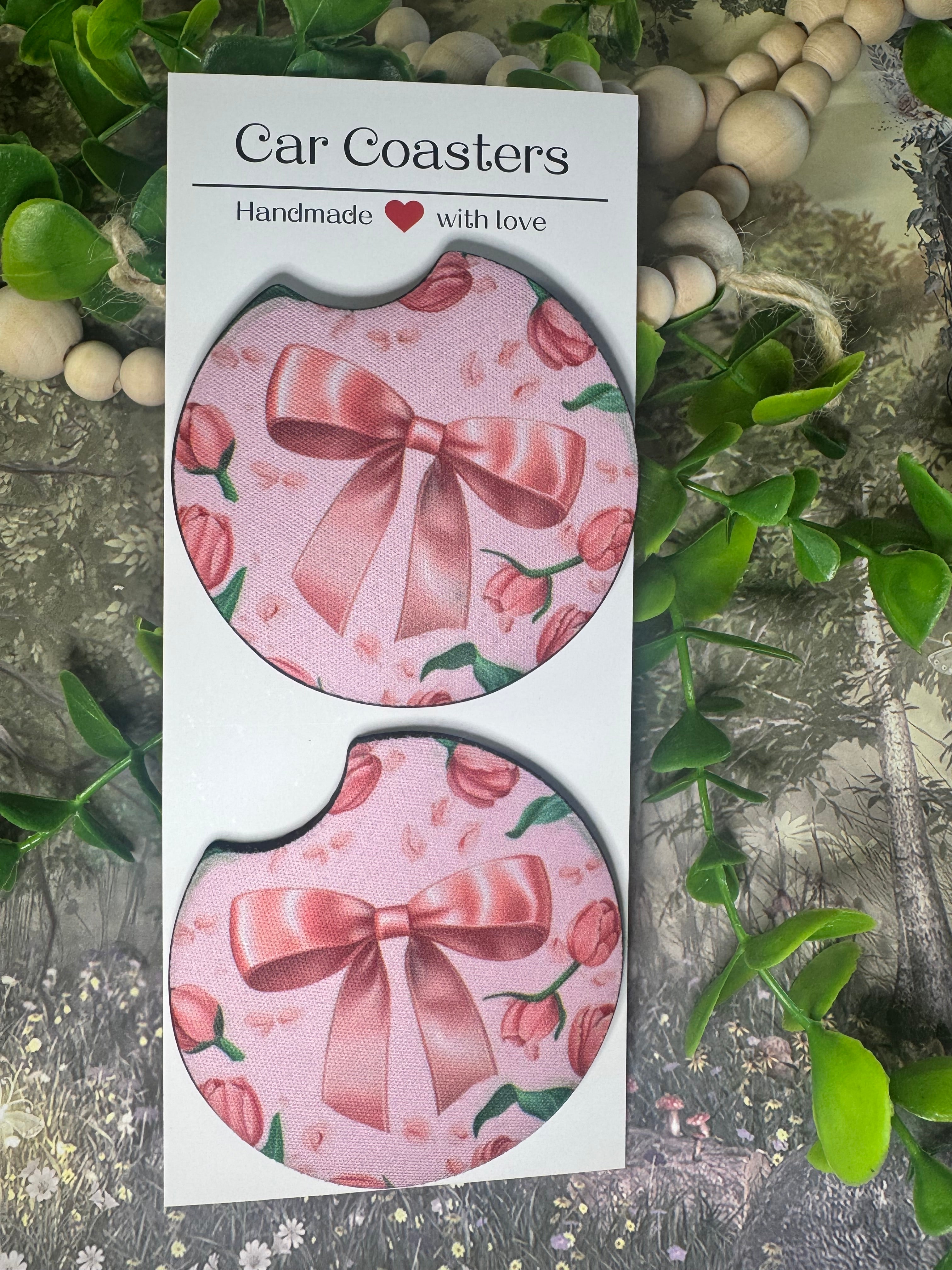 Pink Floral Bow Car Coasters (Set of 2)
