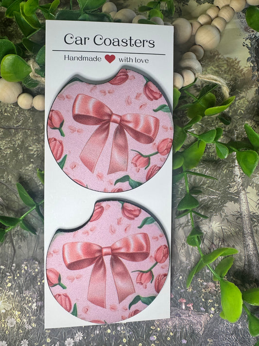 Pink Floral Bow Car Coasters (Set of 2)