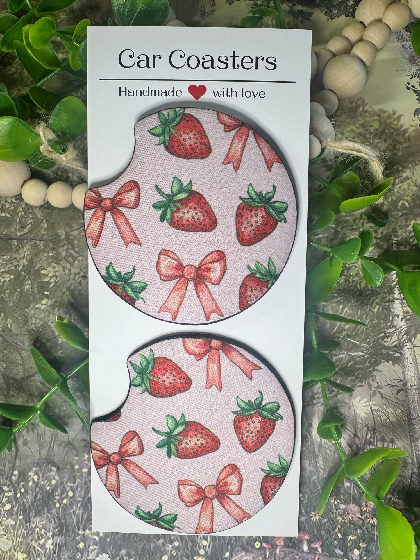 Strawberry & Bow Car Coasters (Set of 2)
