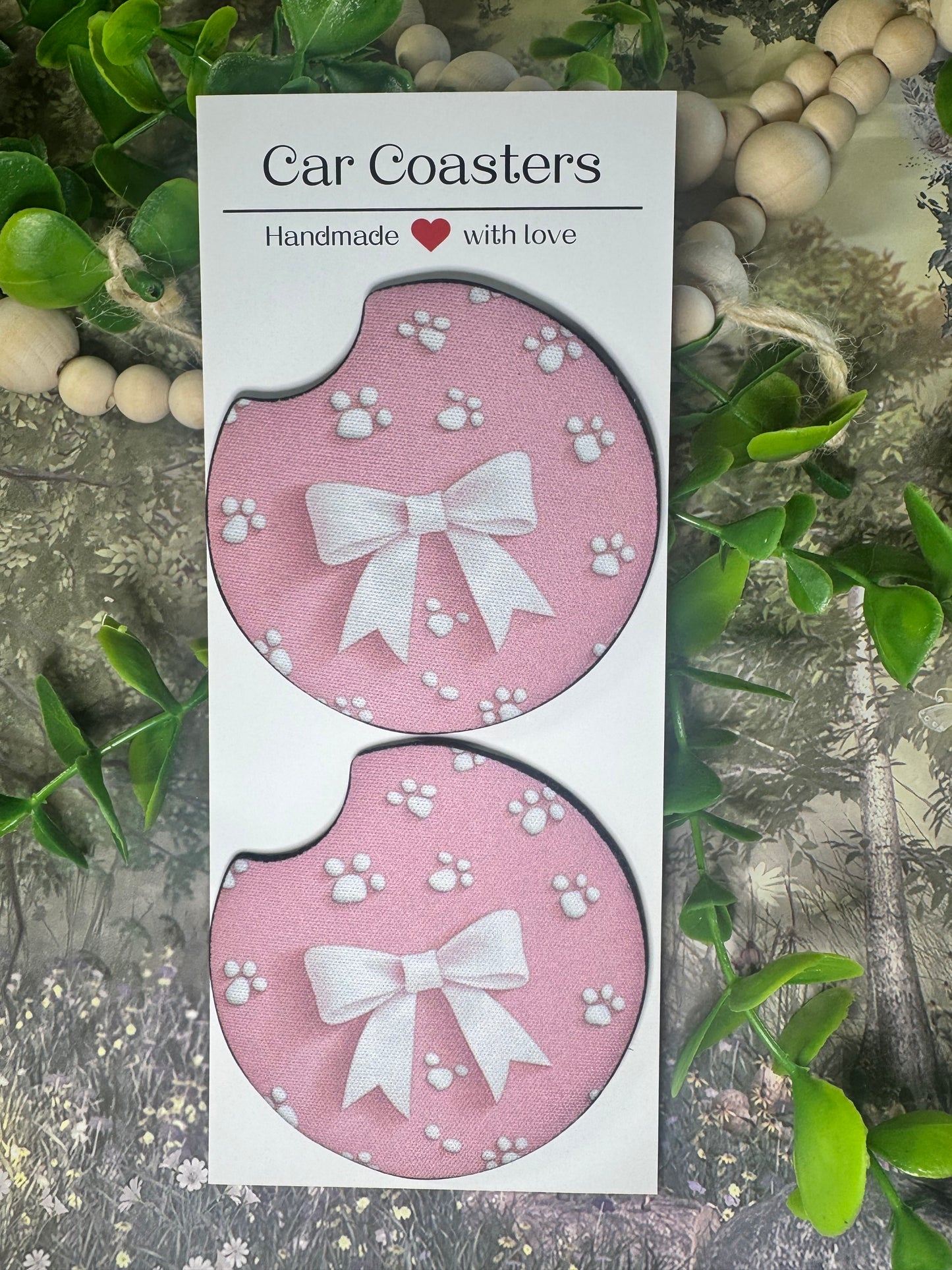 🐾 Pink Paw & Bow Car Coasters (Set of 2)