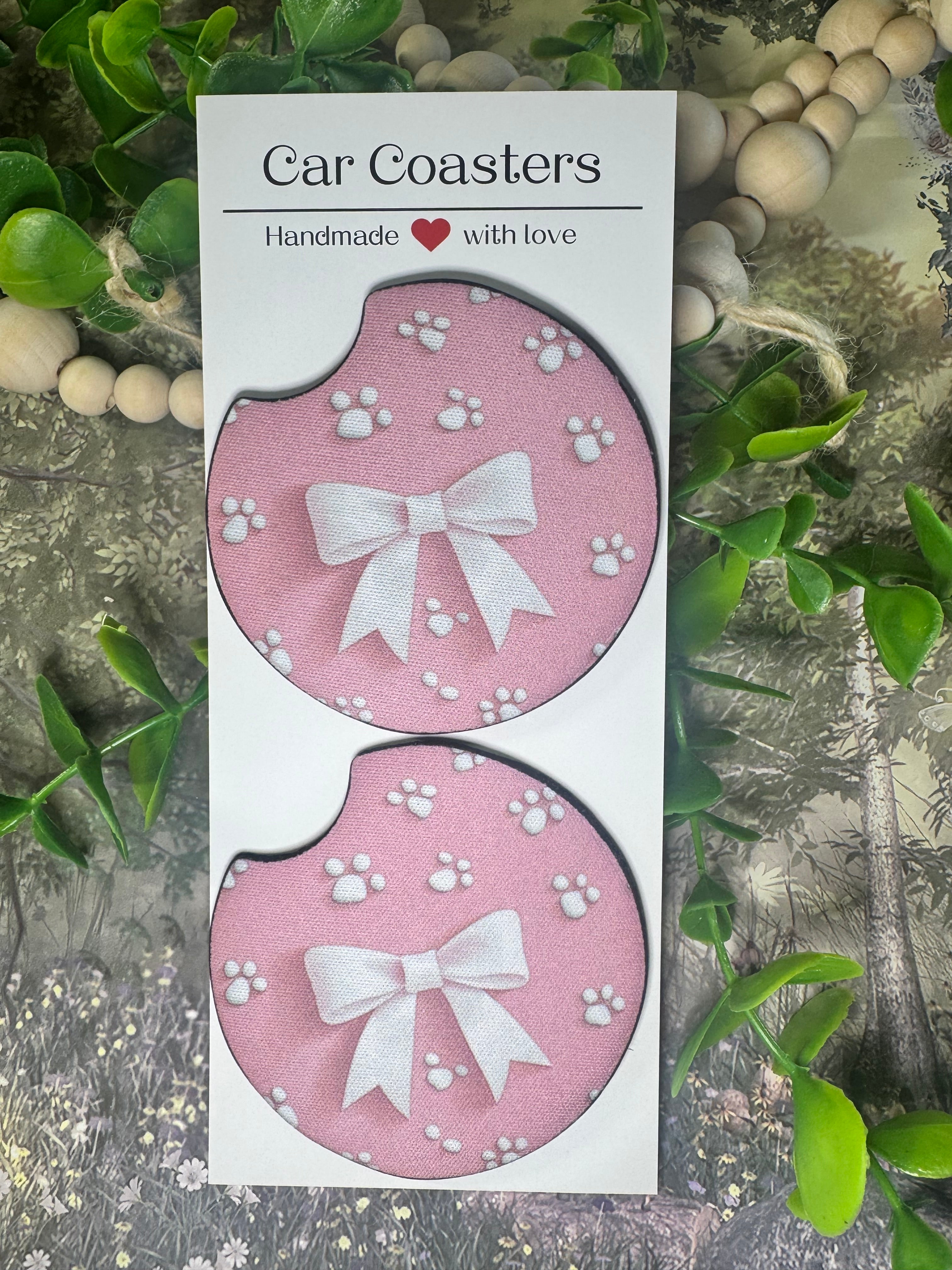 🐾 Pink Paw & Bow Car Coasters (Set of 2)
