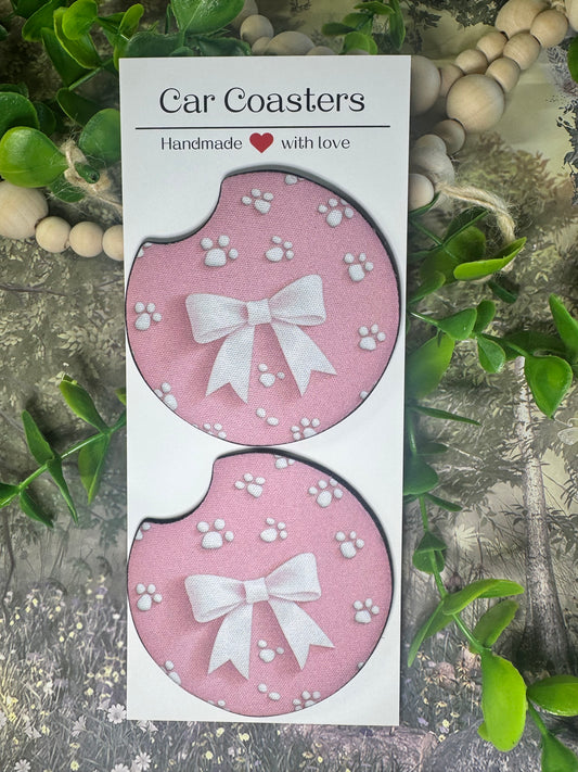 🐾 Pink Paw & Bow Car Coasters (Set of 2)