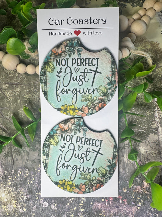 🌿 “Not Perfect Just Forgiven” Car Coasters (Set of 2)