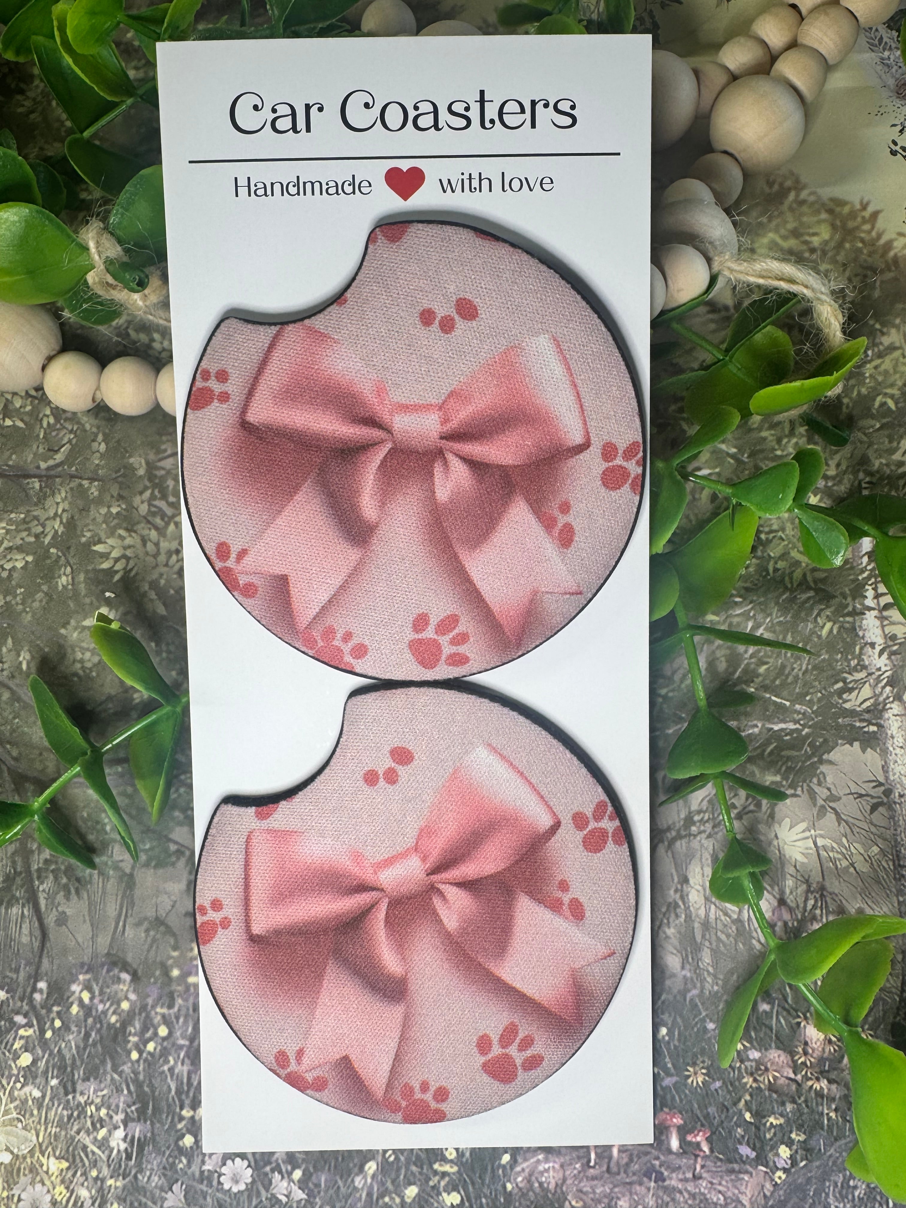 Pink Paw & Bow Car Coasters (Set of 2)