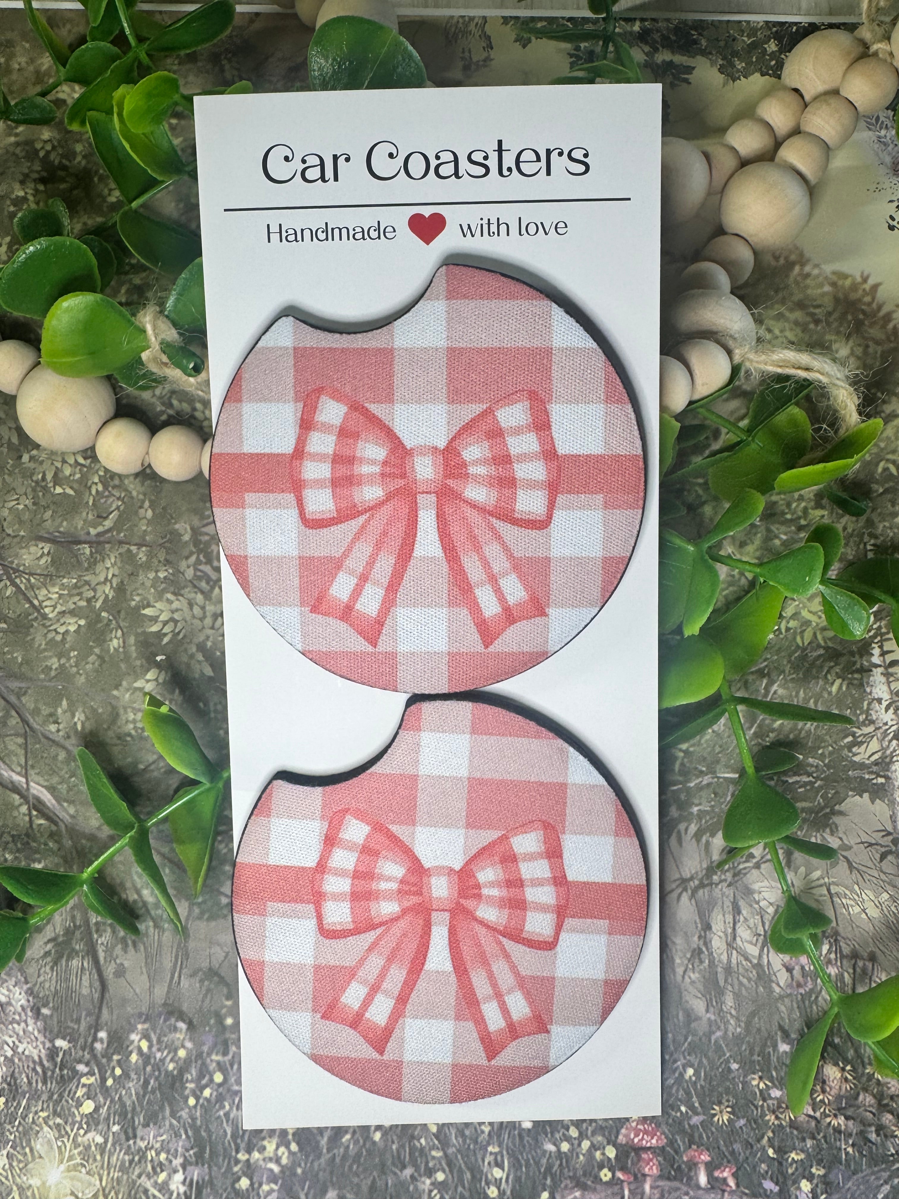 🎀 Pink Gingham Bow Car Coasters (Set of 2)