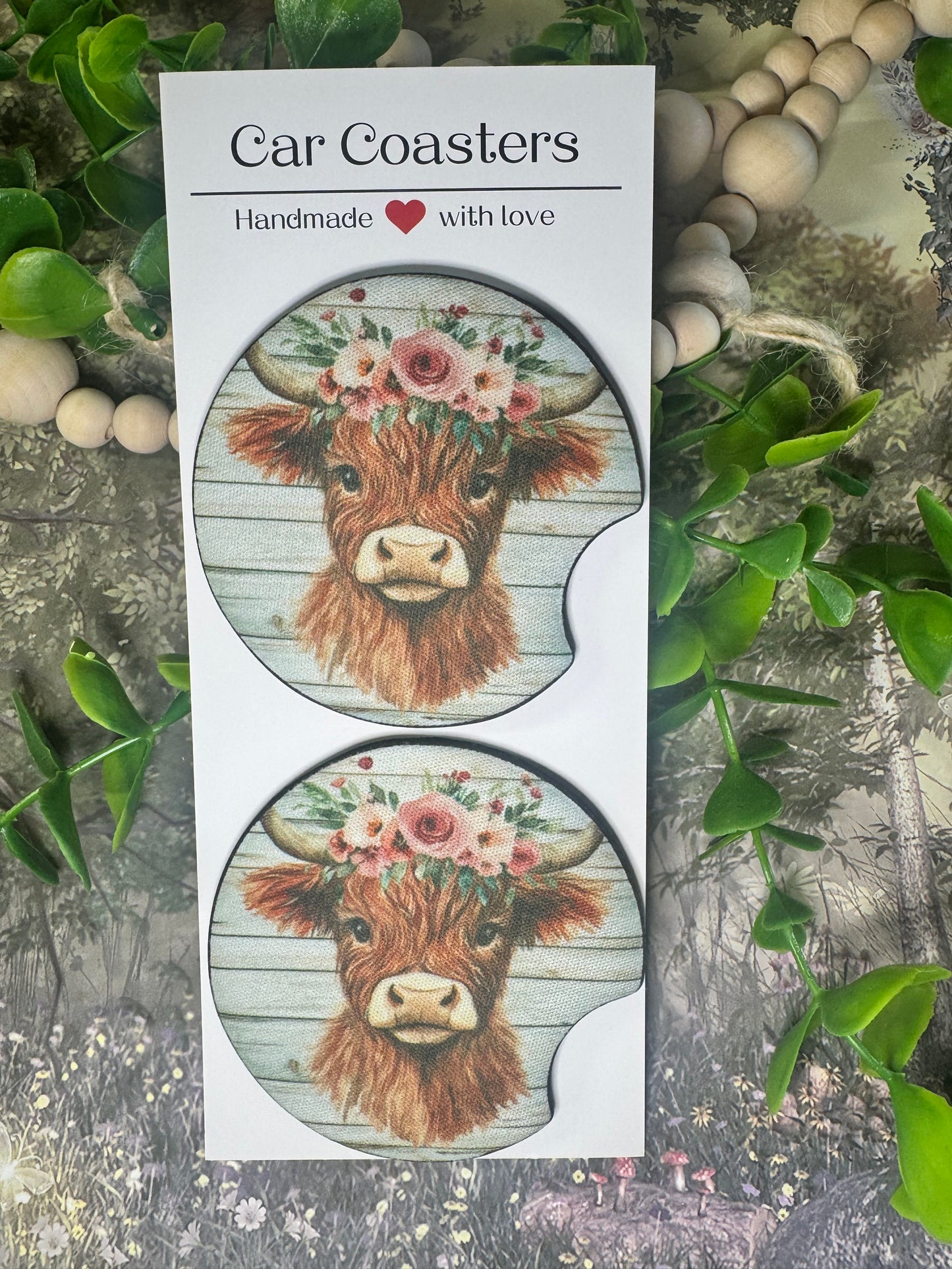 🐮 Highland Cow with Floral Crown Car Coasters (Set of 2)