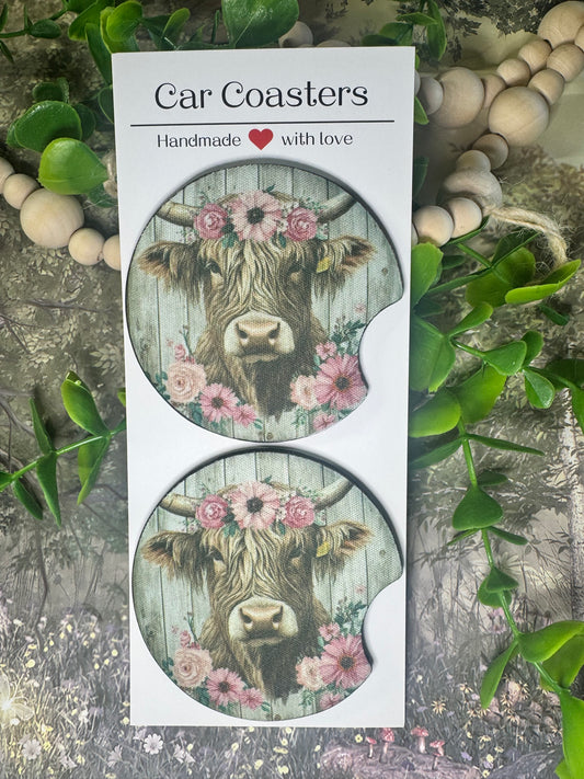 🐮 Floral Highland Cow Car Coasters (Set of 2)
