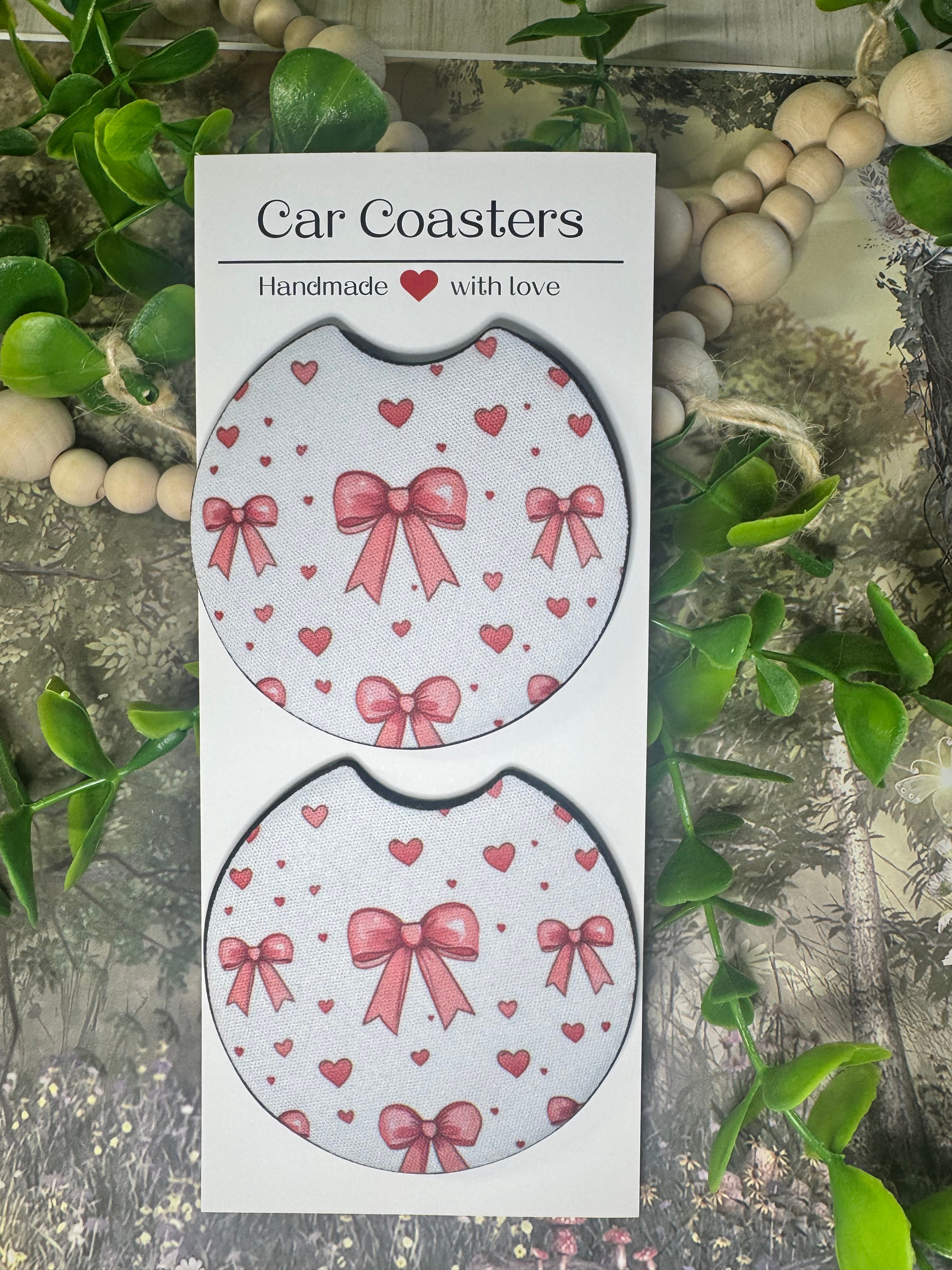 💖 Hearts & Bows Car Coasters (Set of 2)