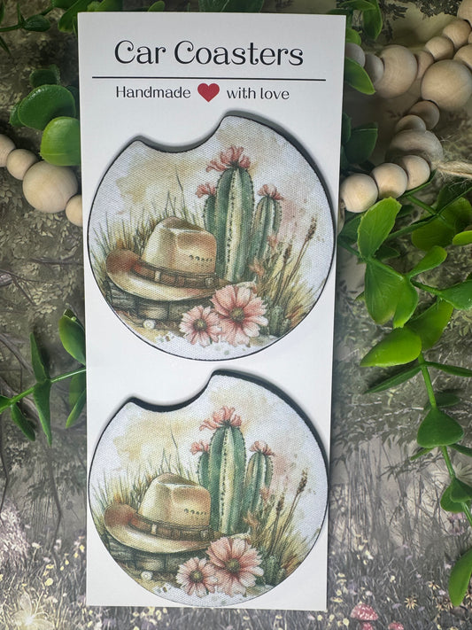 🤠 Western Cactus Hat Car Coasters (Set of 2)