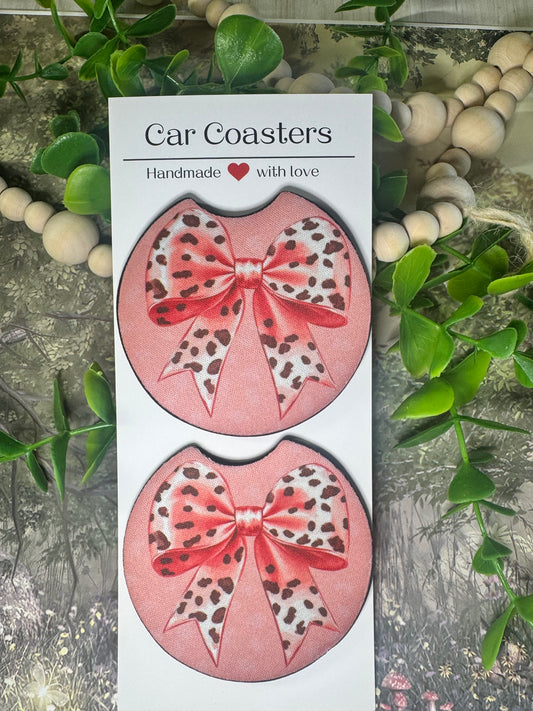 🐆 Pink Leopard Bow Car Coasters (Set of 2)