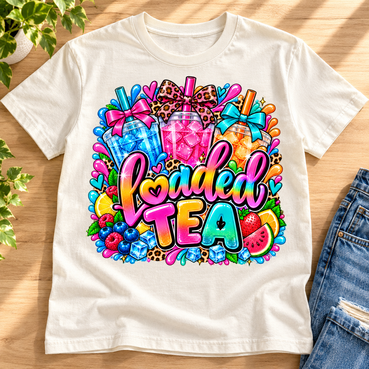 Loaded Tea Vibes Graphic Apparel – Neon Bows & Leopard