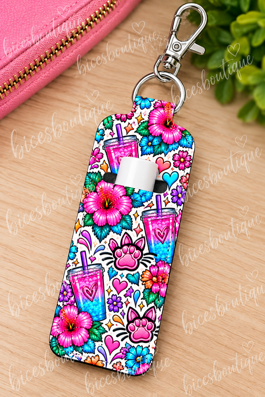 Loaded Tea and Cat Floral Chapstick Holder Keychain