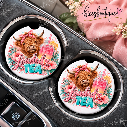 Highland Cow Loaded Tea Car Coasters – Set of 2