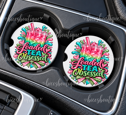 Loaded Tea Obsessed Car Coasters | Colorful Pink & Teal Loaded Tea Cup Holder Coasters | Set of 2