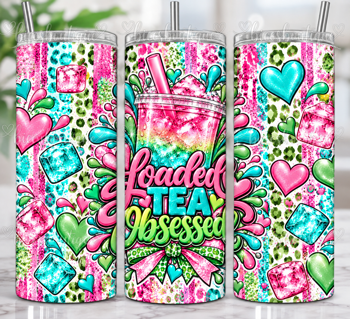 20oz Loaded Tea Obsessed Skinny Tumbler | Pink Teal & Green Glitter Leopard Print Cup