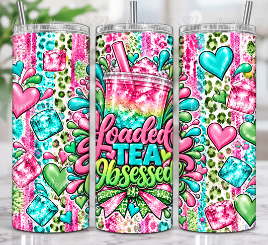 20oz Loaded Tea Obsessed Skinny Tumbler | Pink Teal & Green Glitter Leopard Print Cup