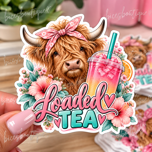 Highland Cow Loaded Tea UV DTF Decal | Pink Floral Cow Sticker | 3.5 Inch