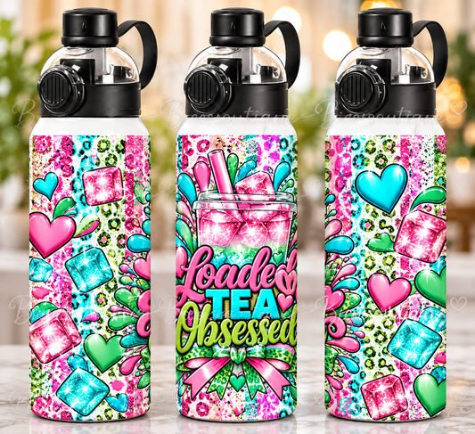 32oz Loaded Tea Obsessed Sports Tumbler | Pink Teal & Green Leopard Print Water Bottle