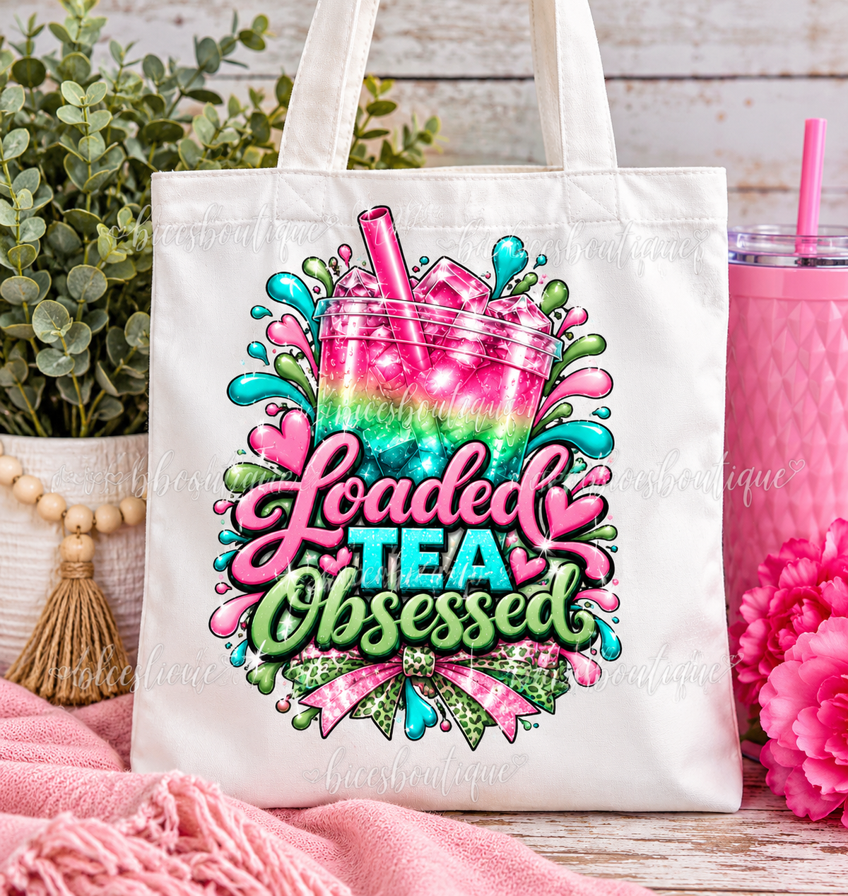 Loaded Tea Obsessed Tote Bag | Pink Teal & Green Loaded Tea Lover Shopping Bag