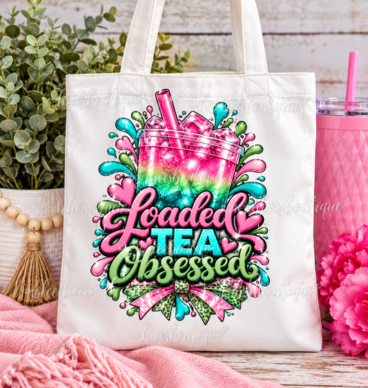 Loaded Tea Obsessed Tote Bag | Pink Teal & Green Loaded Tea Lover Shopping Bag