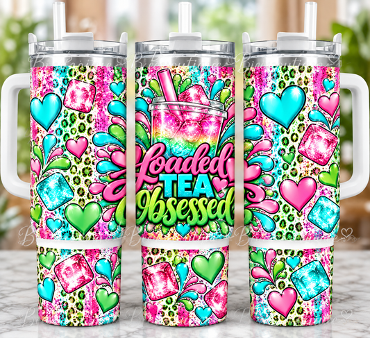40oz Loaded Tea Obsessed Tumbler | Pink Teal & Green Leopard Print Cup with Handle & Straw
