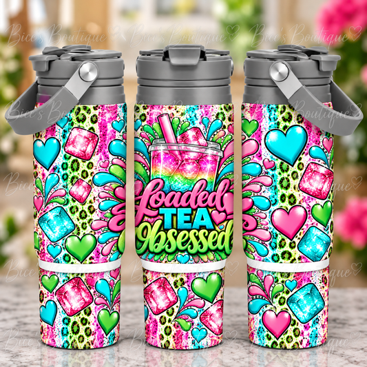 30oz Loaded Tea Obsessed Tumbler | Pink Teal & Green Leopard Print Handled Cup