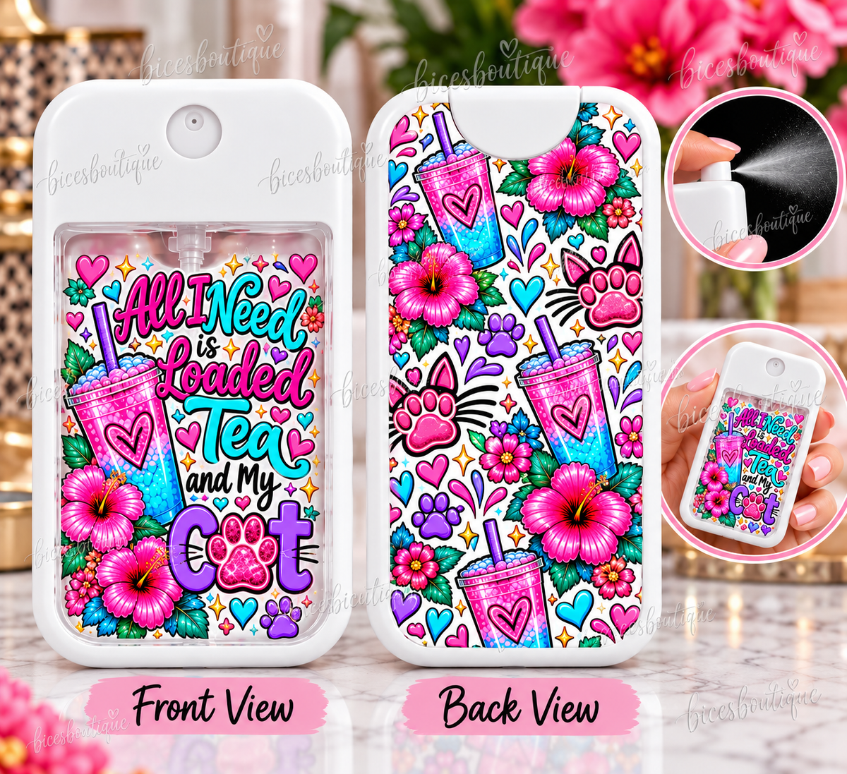 All I Need Is Loaded Tea and My Cat Pocket Hand Sanitizer Spray | Cat Lover Travel Spray Bottle