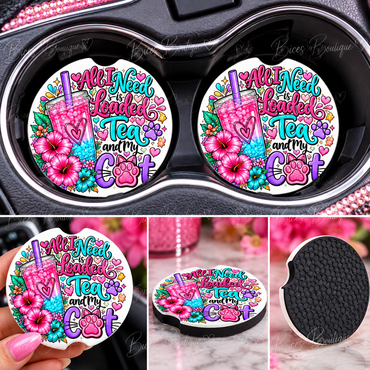 All I Need Is Loaded Tea and My Cat Car Coasters | Cat Lover Cup Holder Coasters Set of 2
