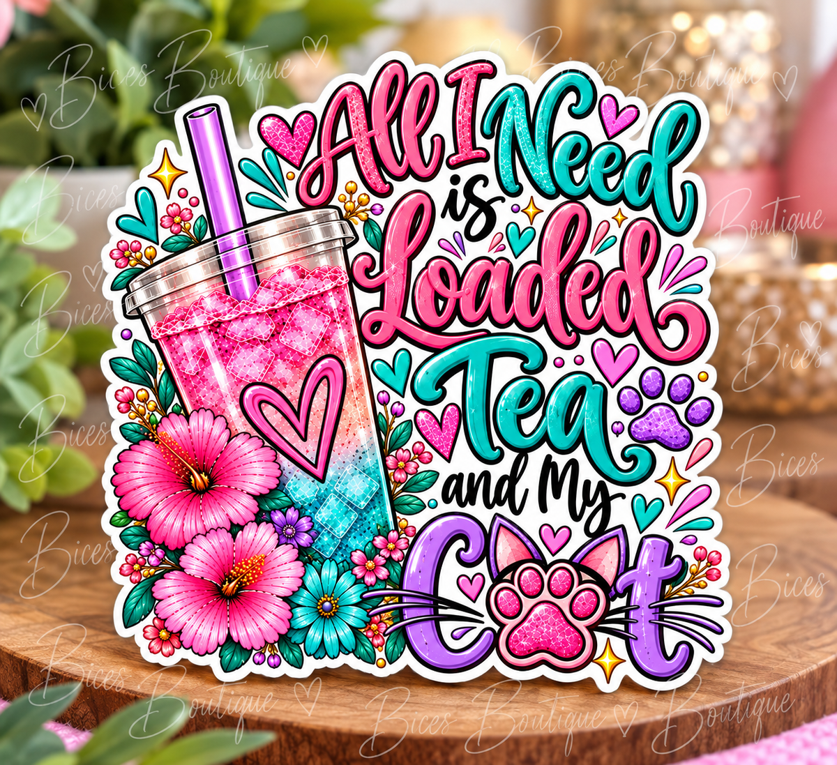 All I Need Is Loaded Tea and My Cat UV DTF Sticker | Colorful Cat Lover Permanent Adhesive Decal
