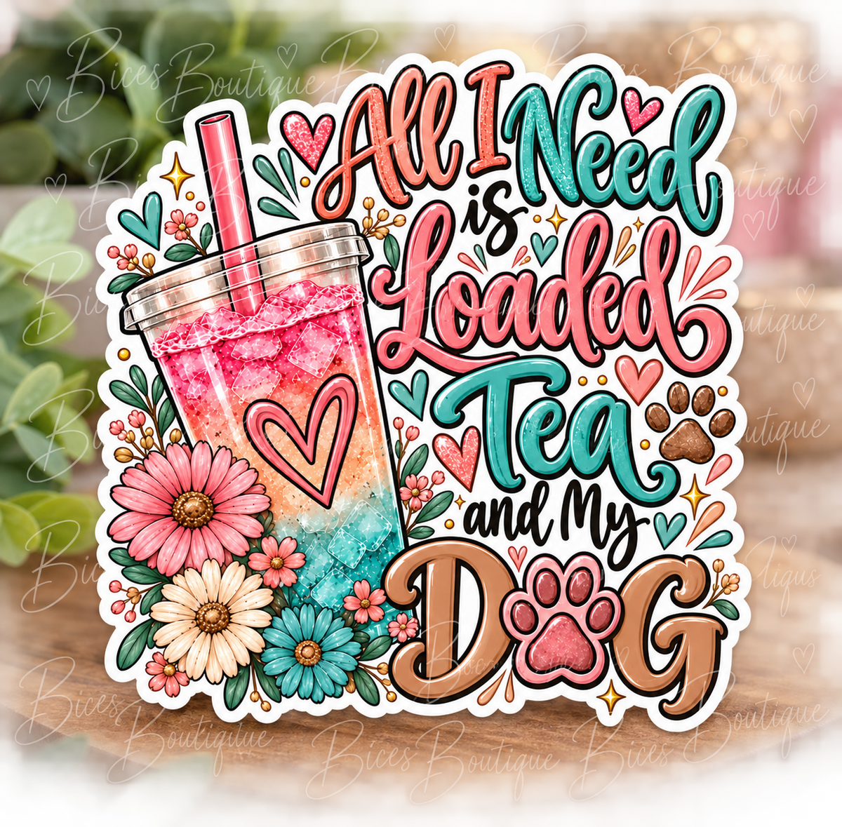 All I Need Is Loaded Tea and My Dog Sticker | Colorful Dog Mom Decal | Loaded Tea Lover Gift