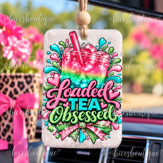 Loaded Tea Obsessed Felt Car Freshie | Pink & Teal Loaded Tea Hanging Car Accessory | Rectangular Freshie