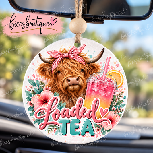 Highland Cow Loaded Tea Car Freshie | Pink Floral Cow Hanging Air Freshener