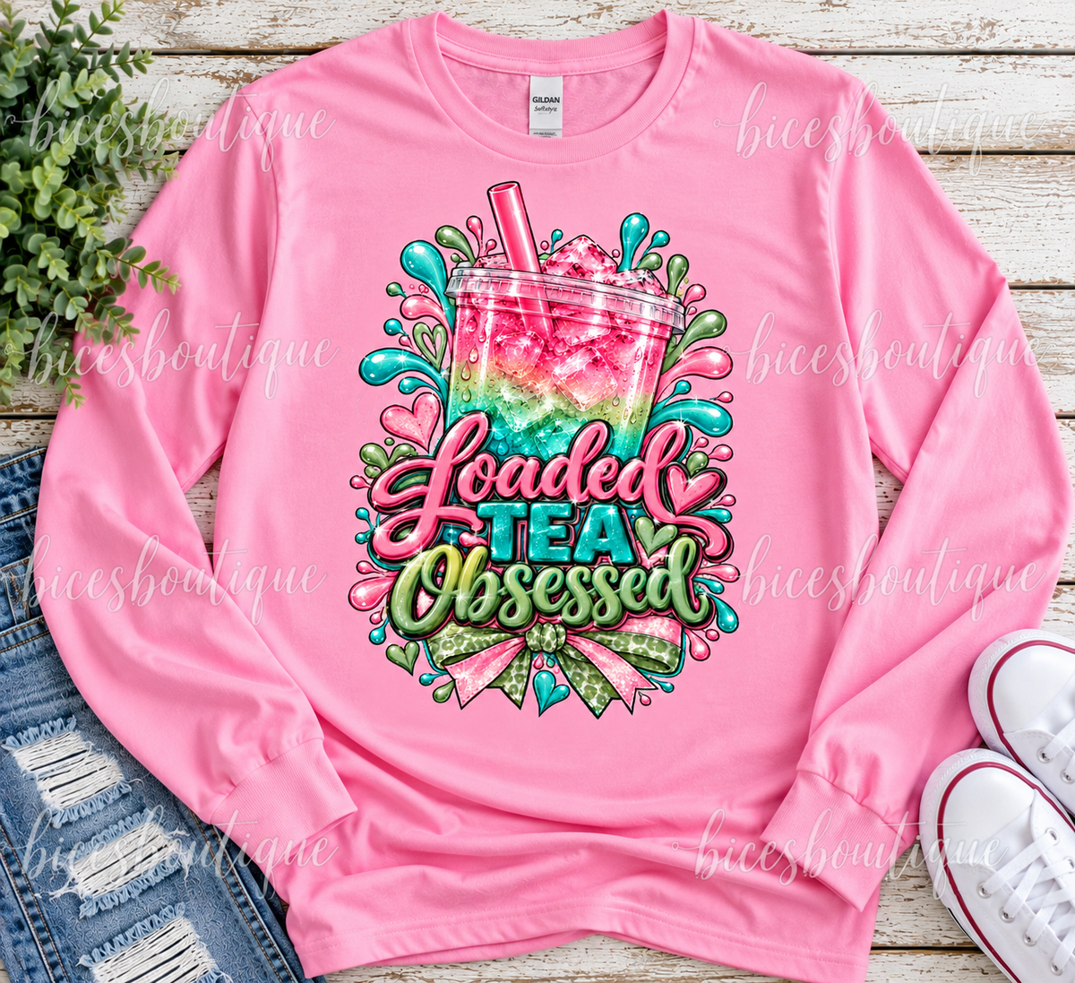 Loaded Tea Obsessed Long Sleeve Shirt | Pink Teal & Green Loaded Tea Lover Tee