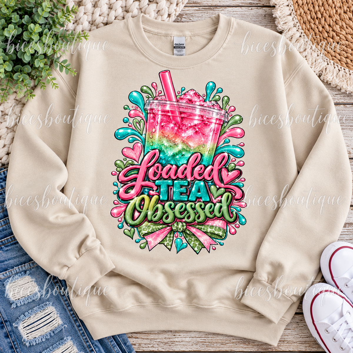Loaded Tea Obsessed Crewneck Sweatshirt | Cute Pink Loaded Tea Lover Sweater