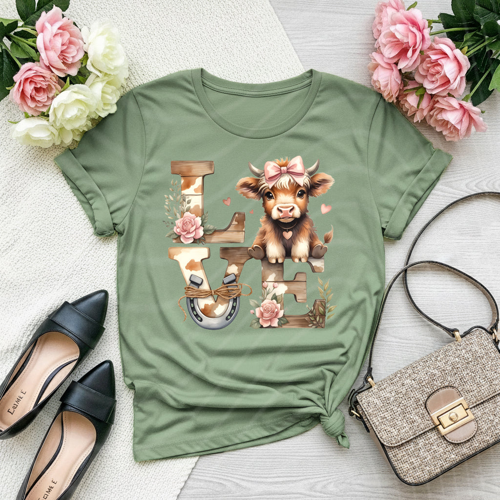LOVE Highland Cow Shirt – Cute Farm Valentine Graphic Tee