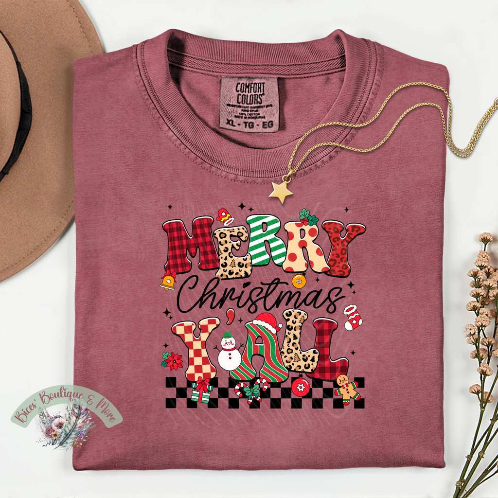 Merry Christmas Y’all Tee | Southern Holiday Graphic Shirt | Cute Plaid & Leopard Christmas Top