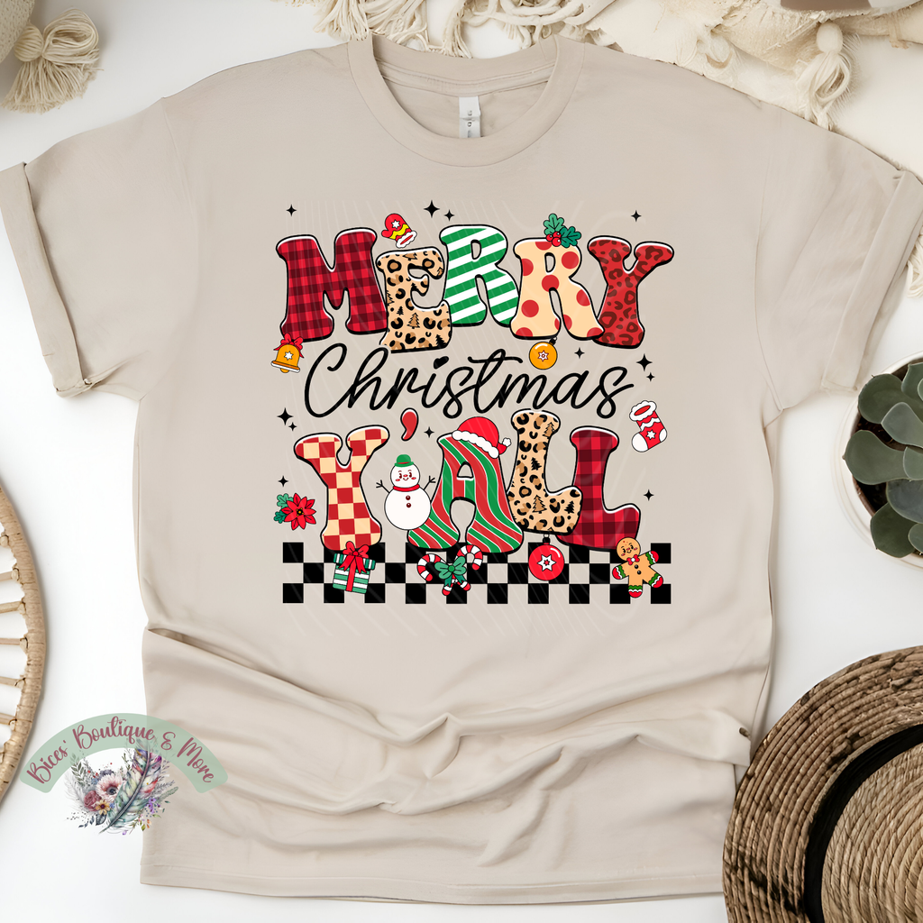 Merry Christmas Y’all Tee | Southern Holiday Graphic Shirt | Cute Plaid & Leopard Christmas Top