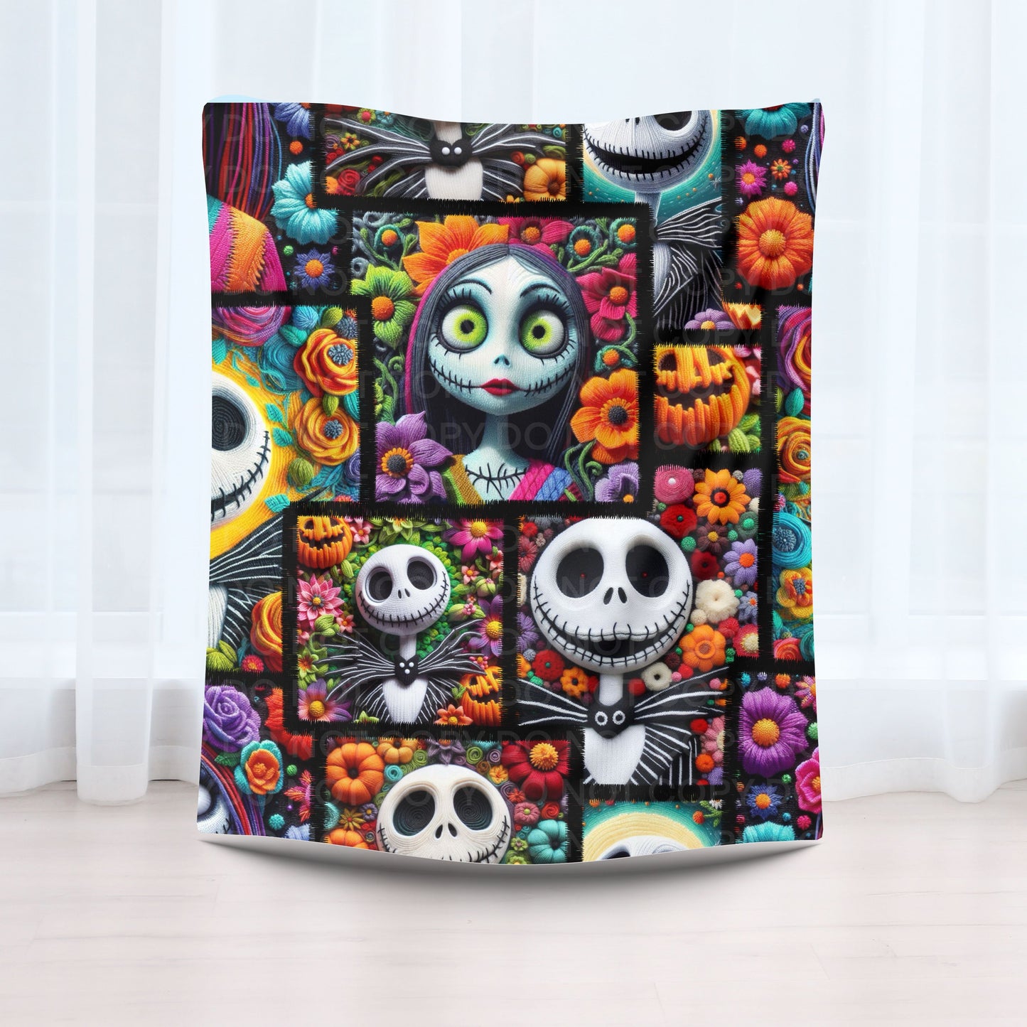 Spooky Cute Patchwork Plush Blanket – Gothic Doll & Skull Floral Throw
