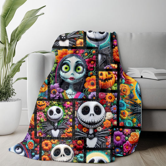 Spooky Cute Patchwork Plush Blanket – Gothic Doll & Skull Floral Throw
