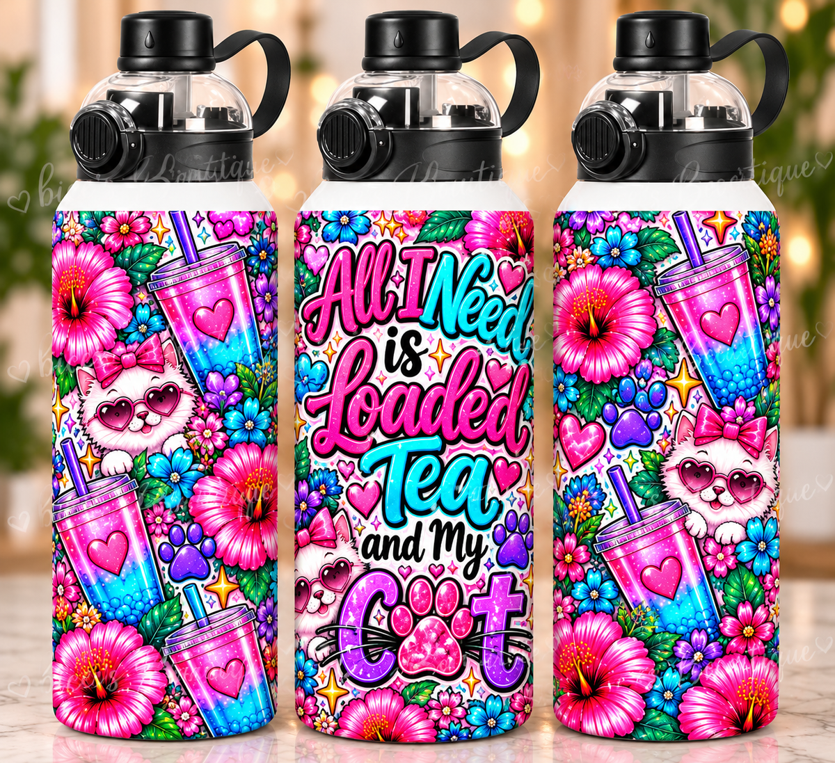 All I Need Is Loaded Tea and My Cat 32oz Sport Water Bottle | Colorful Cat Lover Tumbler | Loaded Tea Gift