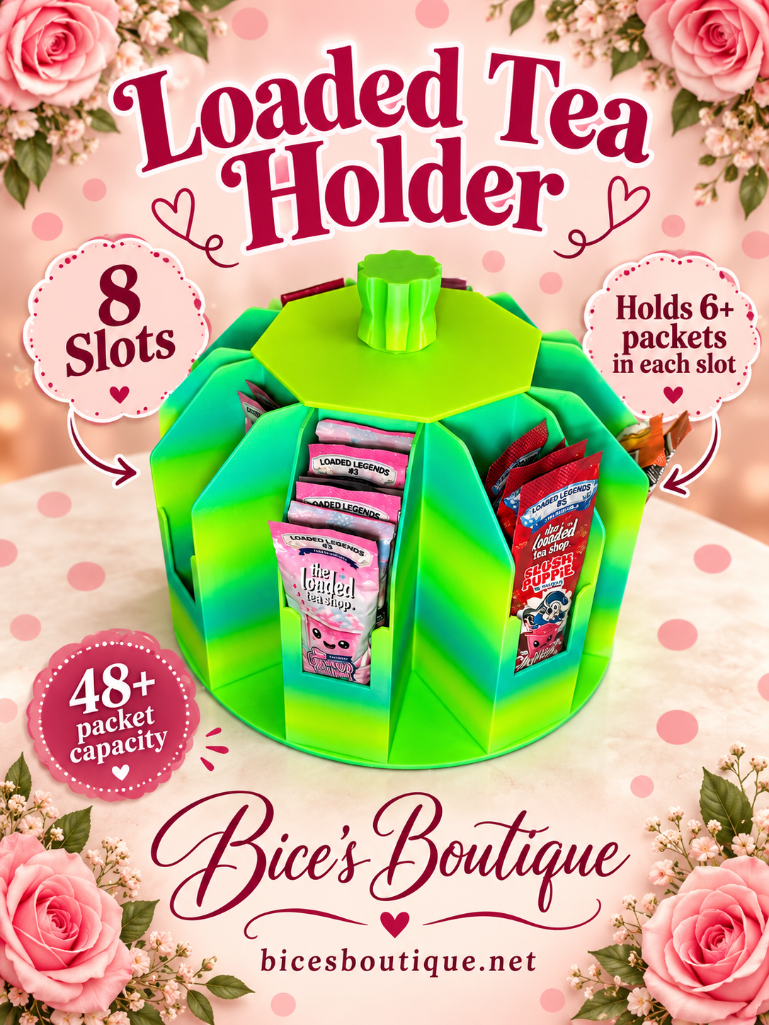 8-Slot Loaded Tea Packet Organizer | Holds 48+ Packets